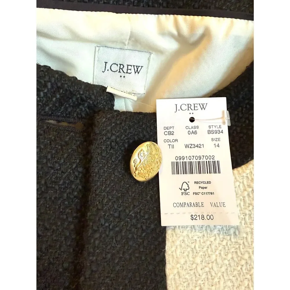 J. Crew NEW Tweed lady jacket 14 White Black Gold Buttons Classic Old Money